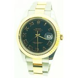 Rolex Datejust II Steel and Yellow Gold Fluted Bezel Black Roman Dial 41mm Automatic Watch